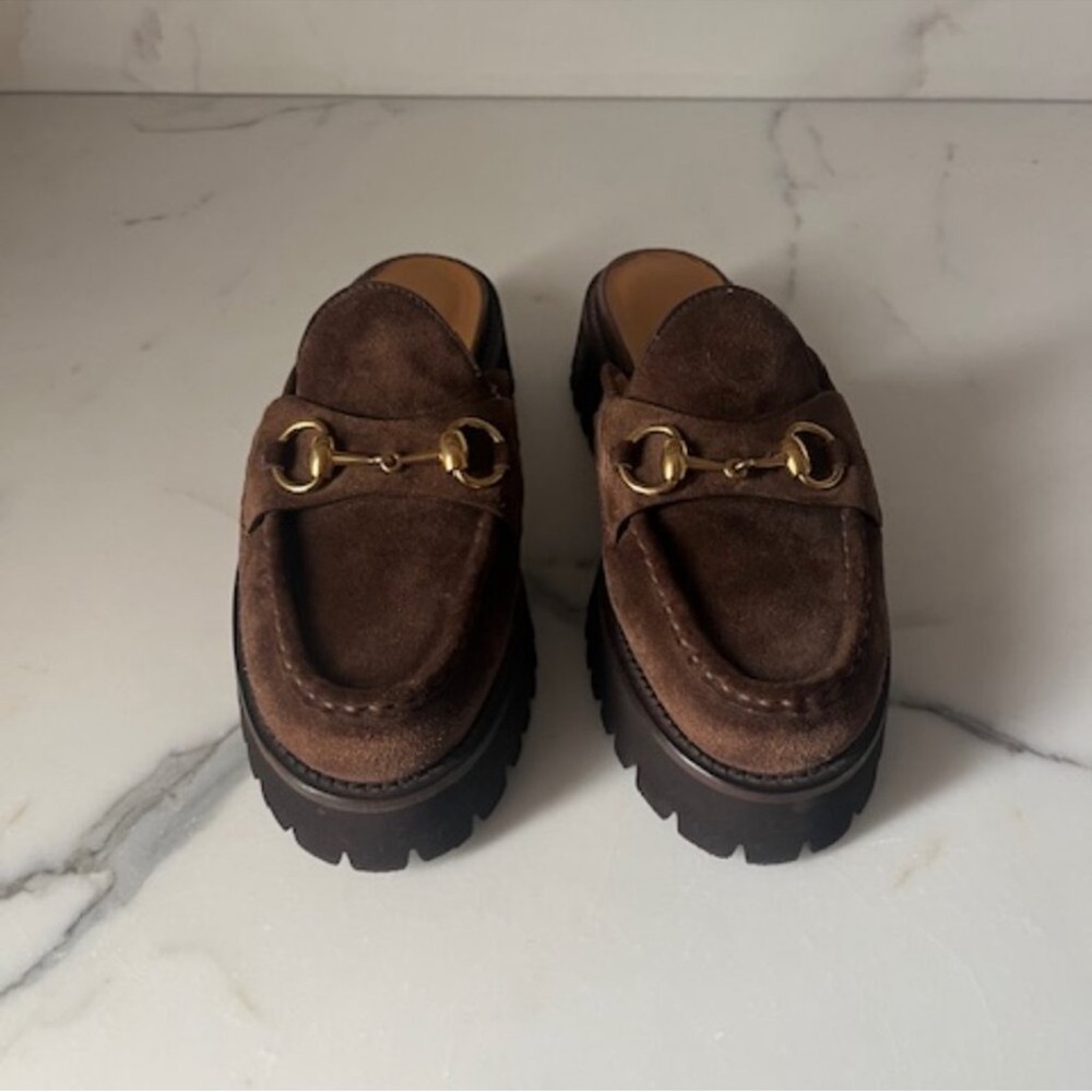 Gucci Sylke Horsebit Platform Mules Washed Brown Suede - Picture 3 of 10